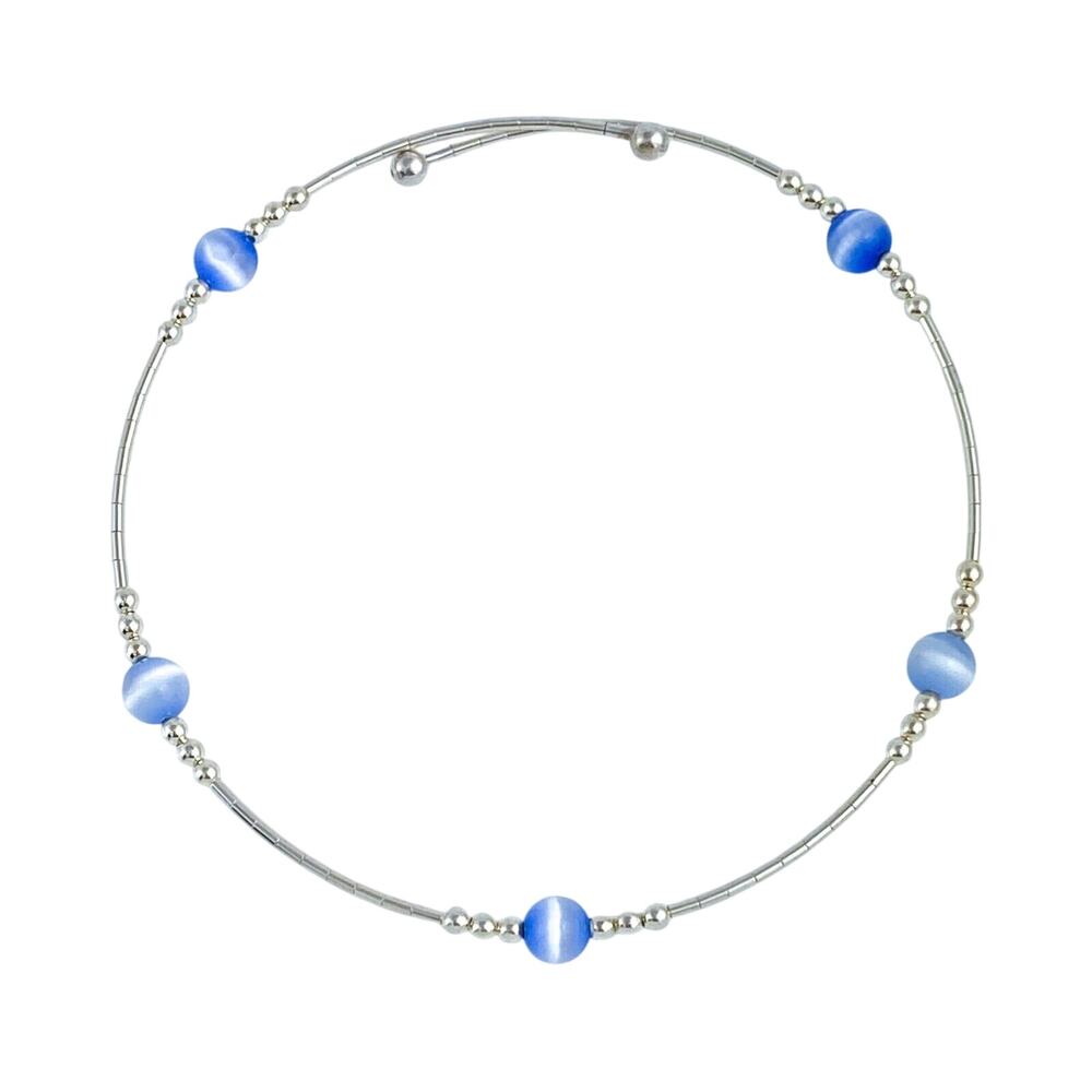Vintage Sterling Silver Blue Cat’s Eye Memory Wire Bracelet | 7.5”